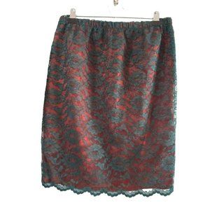 Vintage Hunter Green Sheer Lace Over Rust Acetate Lining Skirt Small GUC